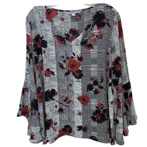 Valerie Stevens‎ Women's V-Neck Black White Floral Bell Sleeve Blouse Size LG